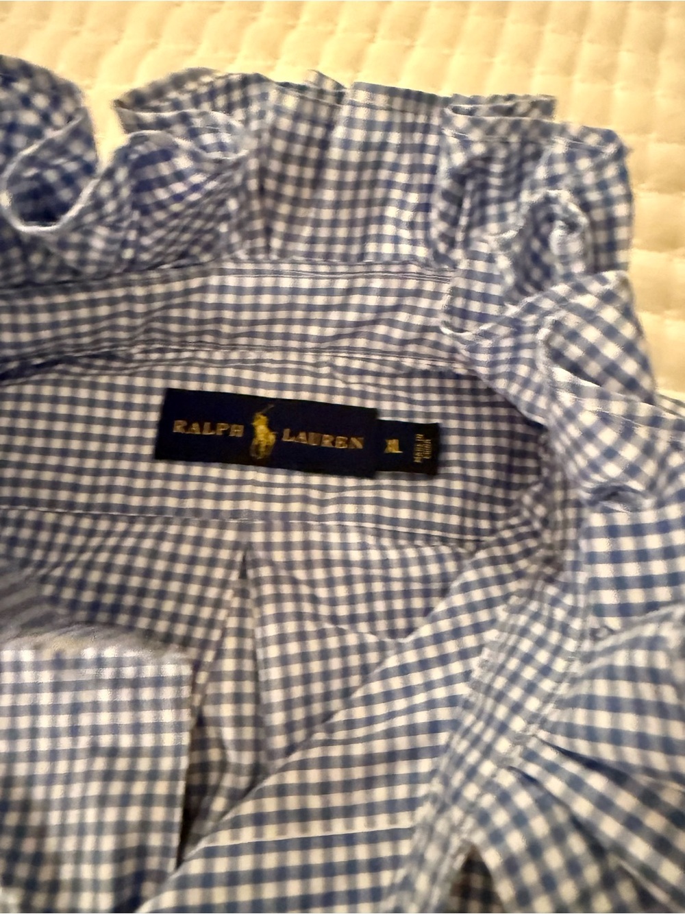 Upcycled Ralph Lauren Blue and White Gingham Ruffles-Collar Shirt. Xl - Picture 2 of 5